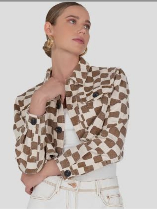 Miss Love Jackets & Blazers - Checked Crop Jean Jacket in Brown and Cream